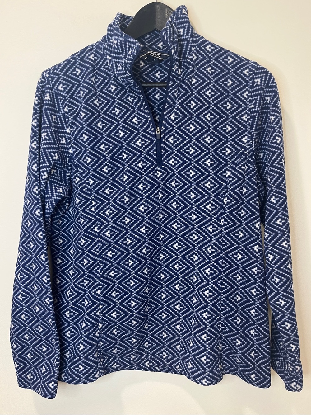 Lands' End Quarter Zip Patterned Fleece Pullover Navy White Size Small